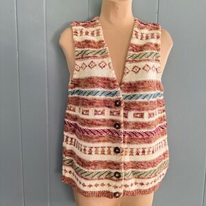 Vintage 90s Russ Petite Southwestern Knit Vest Boho Geometric Ramie Cotton PM
